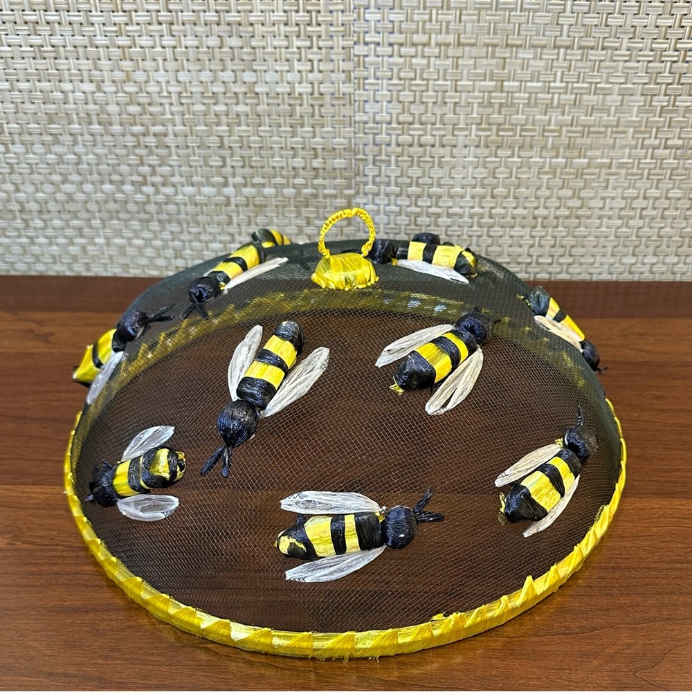 🌟4xHP🌟VTG 1980s Wire Mesh Dome Honey Bees Raffia Food Cover Woodard & Charles